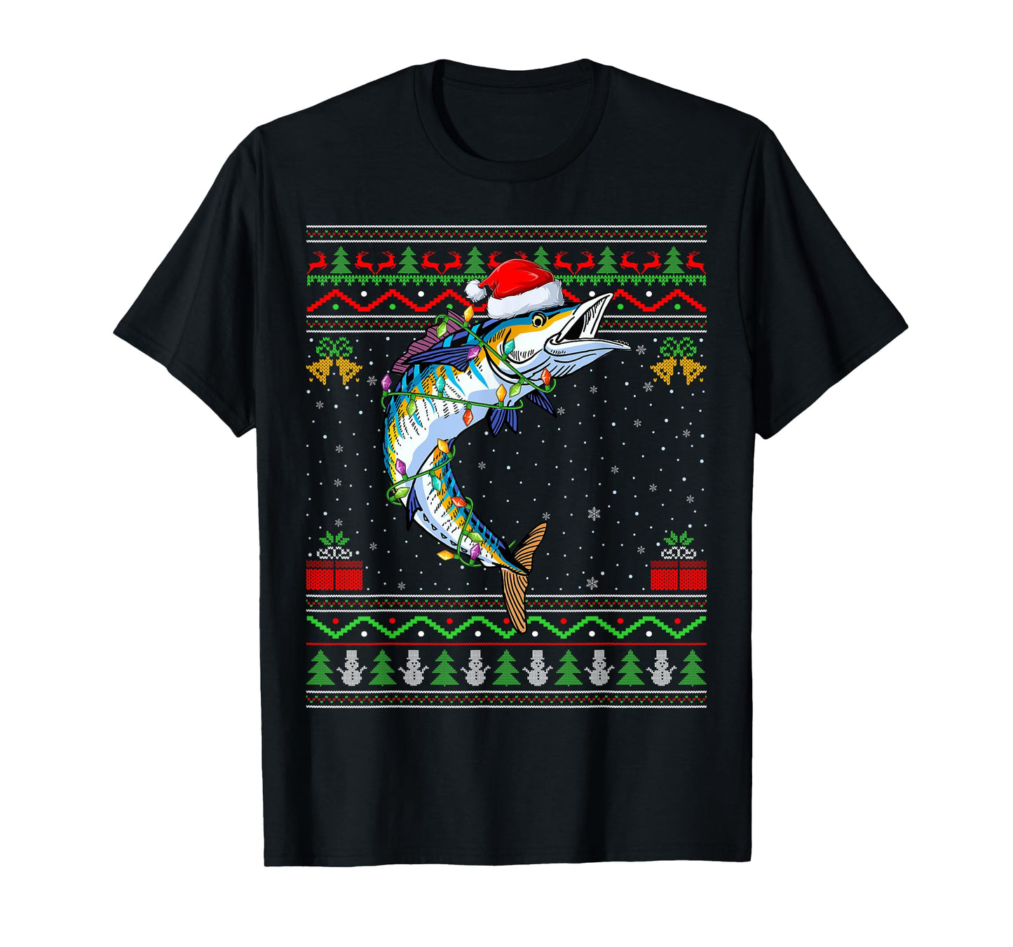 Xmas Lights Ugly Sweater Style Santa Wahoo Fish Christmas T-Shirt