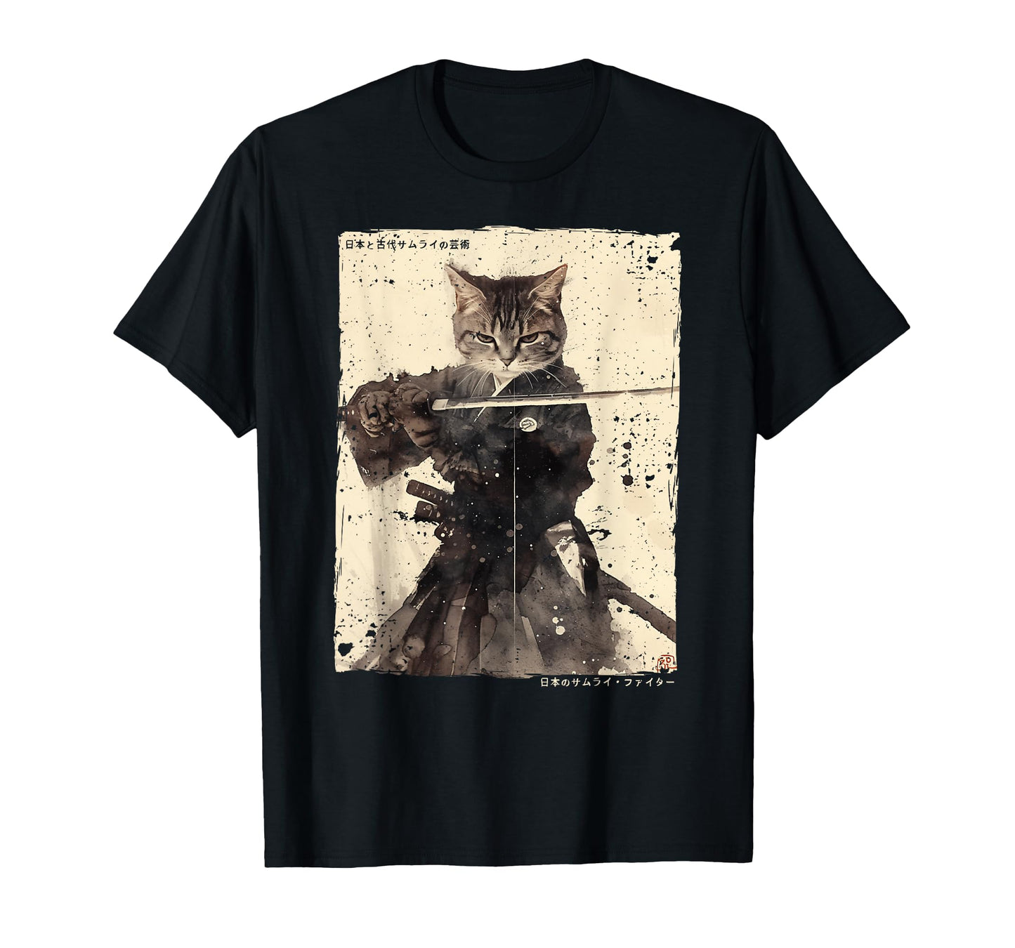 Samurai Cat Warrior Ukiyo Ink Artwork Cat Samurai T-Shirt