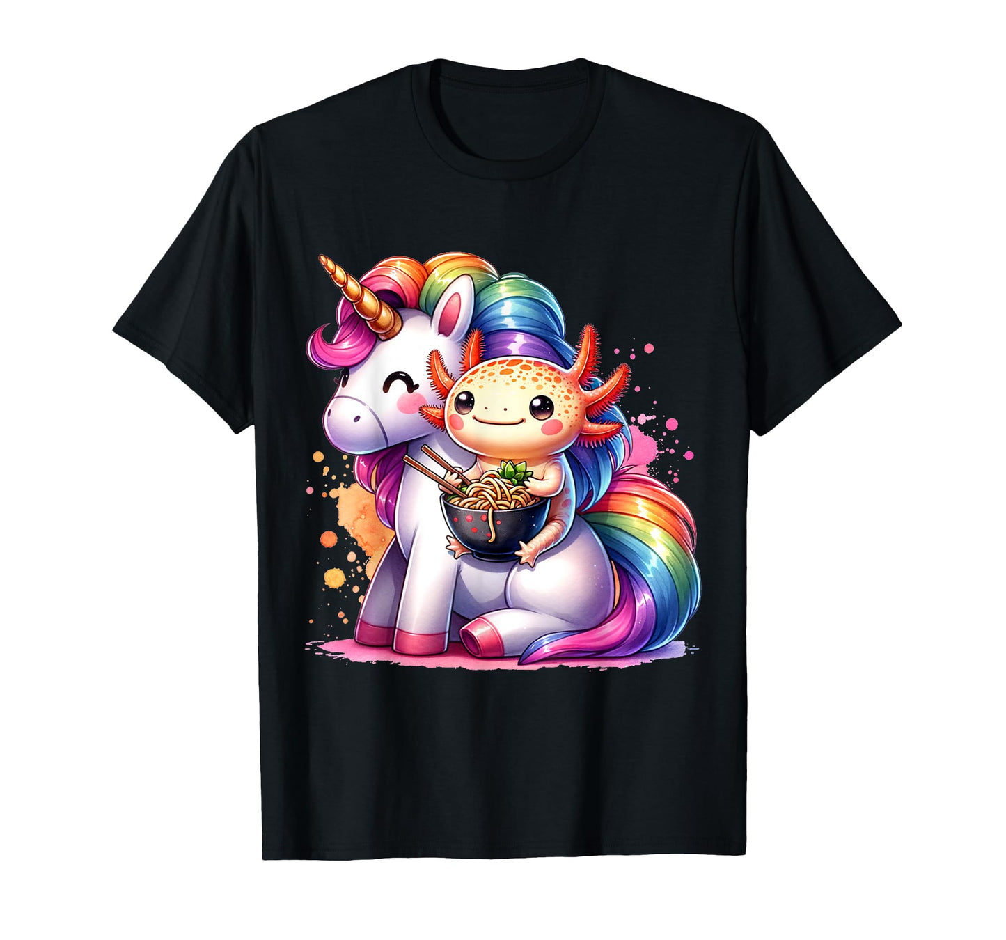 Cute Anime Kawaii Axolotl Riding A Unicorn And Eating Ramen T-Shirt