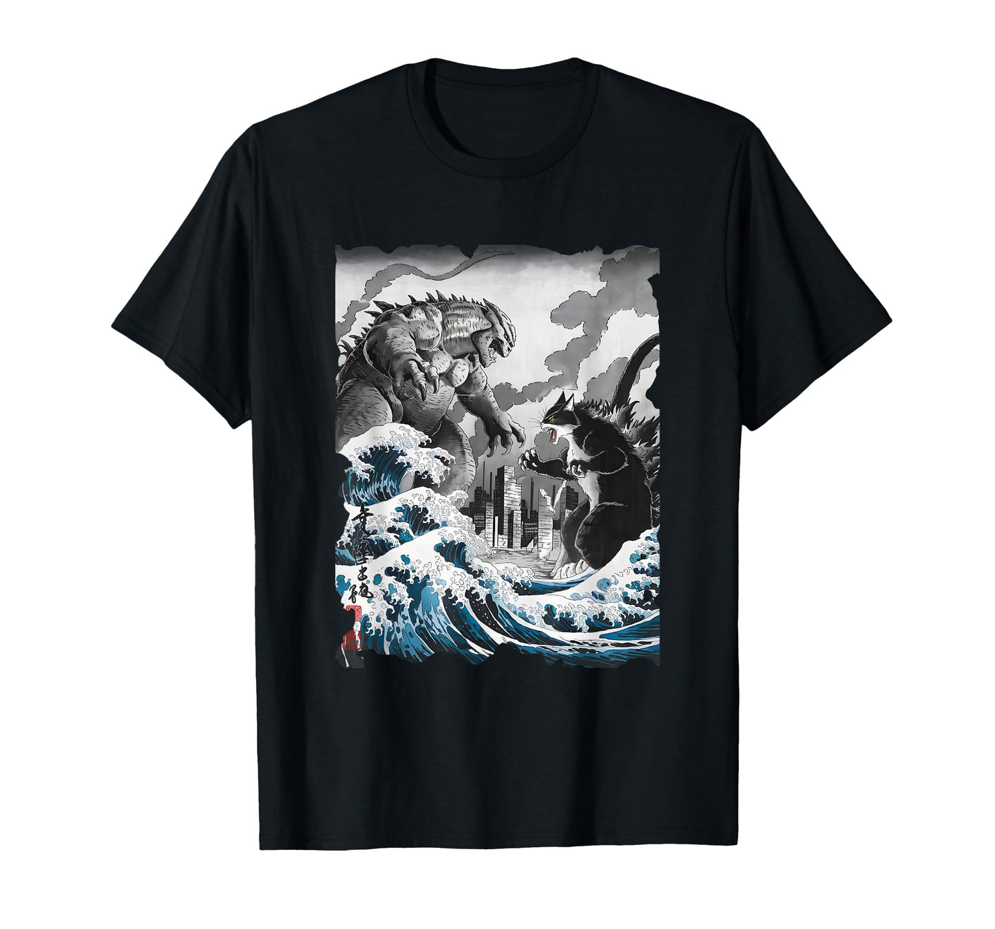 Kaiju Vs. Catzilla Sumi-e - Vintage Kanagawa Japanese Art T-Shirt