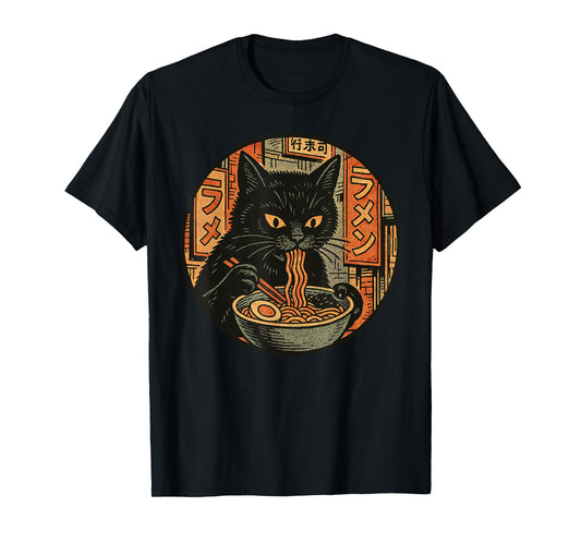 Black Cat Eating Noodles - Japanese Ramen Anime Art Design T-Shirt