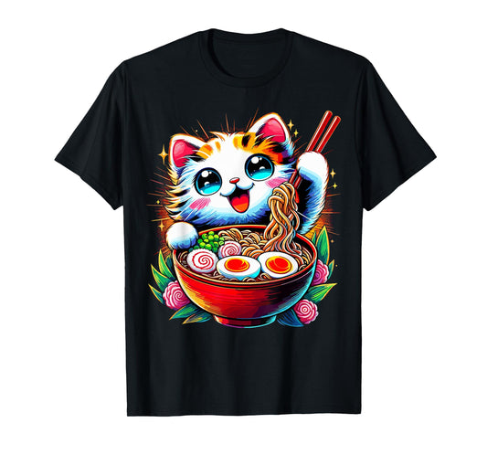 Kawaii Cat Eating Ramen Noodles Anime Japanese T-Shirt