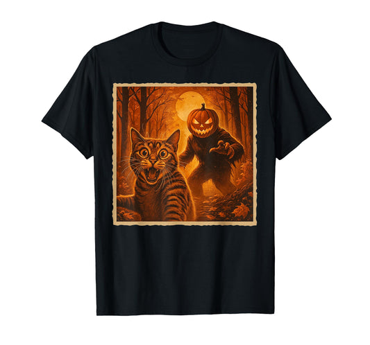 Scared Cat Selfie Orange Pumpkin Monster Halloween T-Shirt