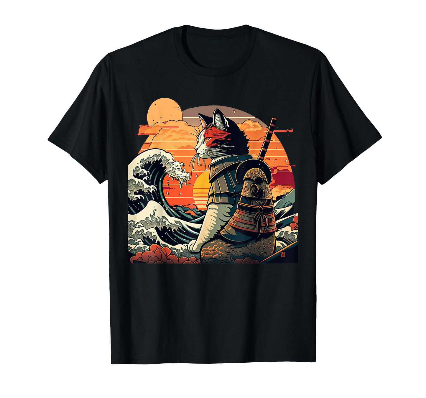 Japanese Retro Samurai cat The Great Wave by Hokusai T-Shirt