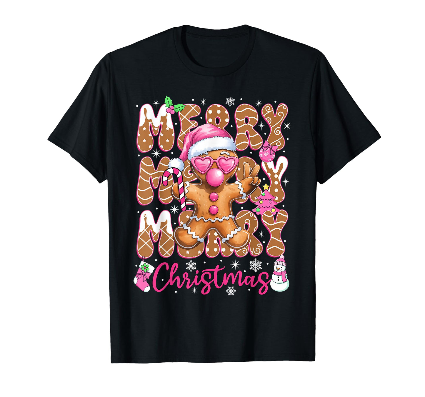 Gingerbread Merry Christmas Cute Pink Christmas Women Girls T-Shirt