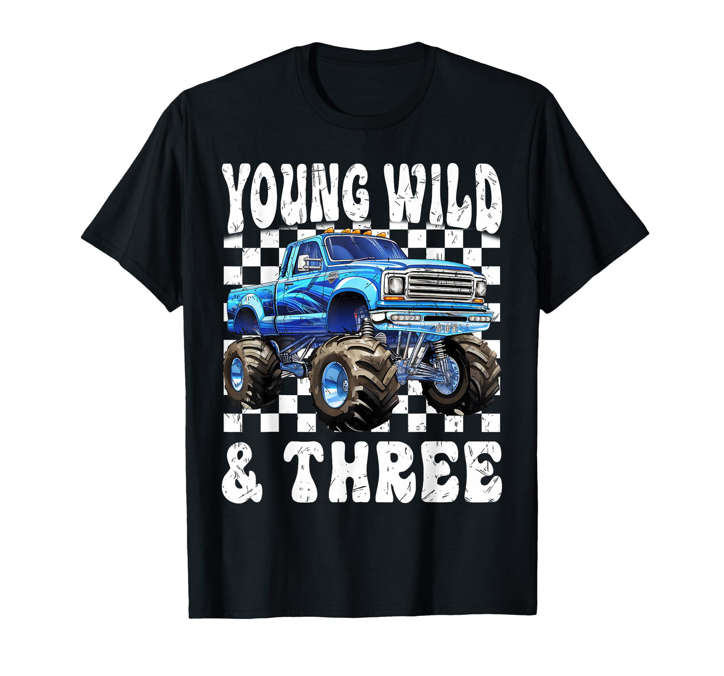 3 Years Old Kids Young Wild & Three Monster Truck Birthday T-Shirt