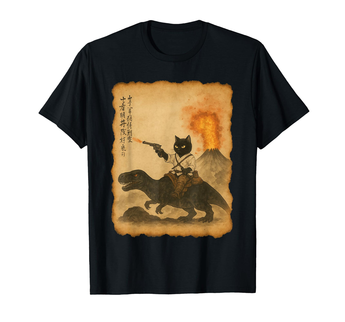 black cat samurai riding dinosaur volcanic eruption art T-Shirt