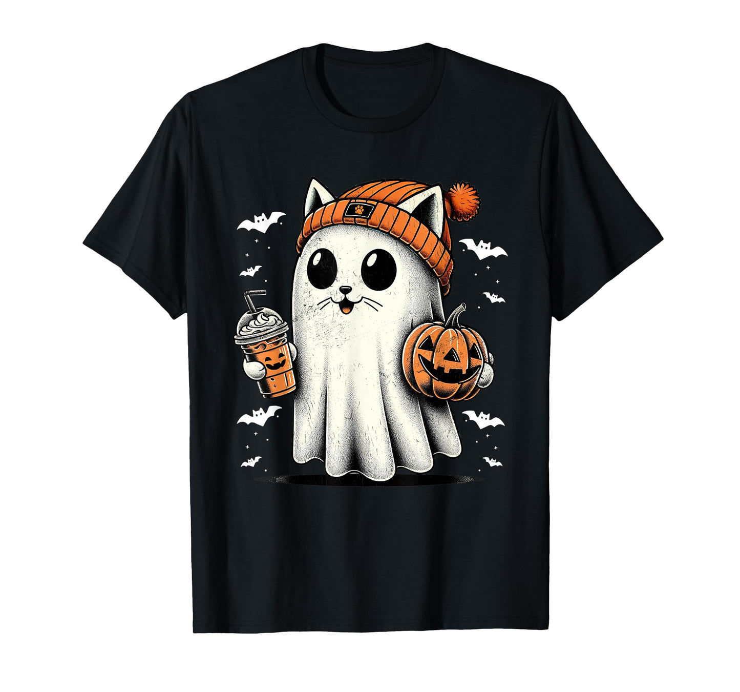 Cute Cat Ghost Iced Coffee Funny Ghost Halloween Ice Coffee T-Shirt