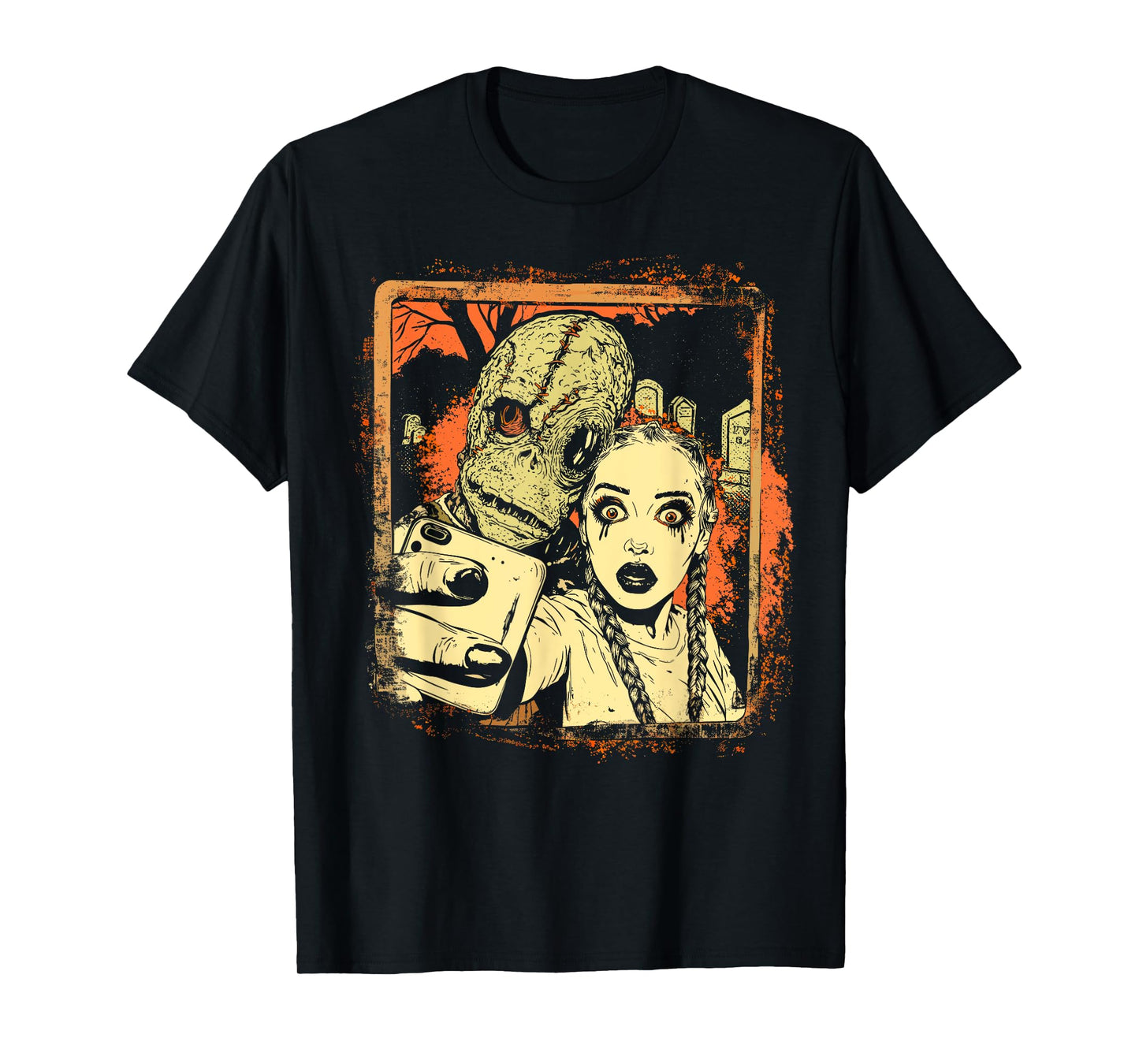 Halloween Graveyard Selfie Comic Horror Monster Artwork T-Shirt