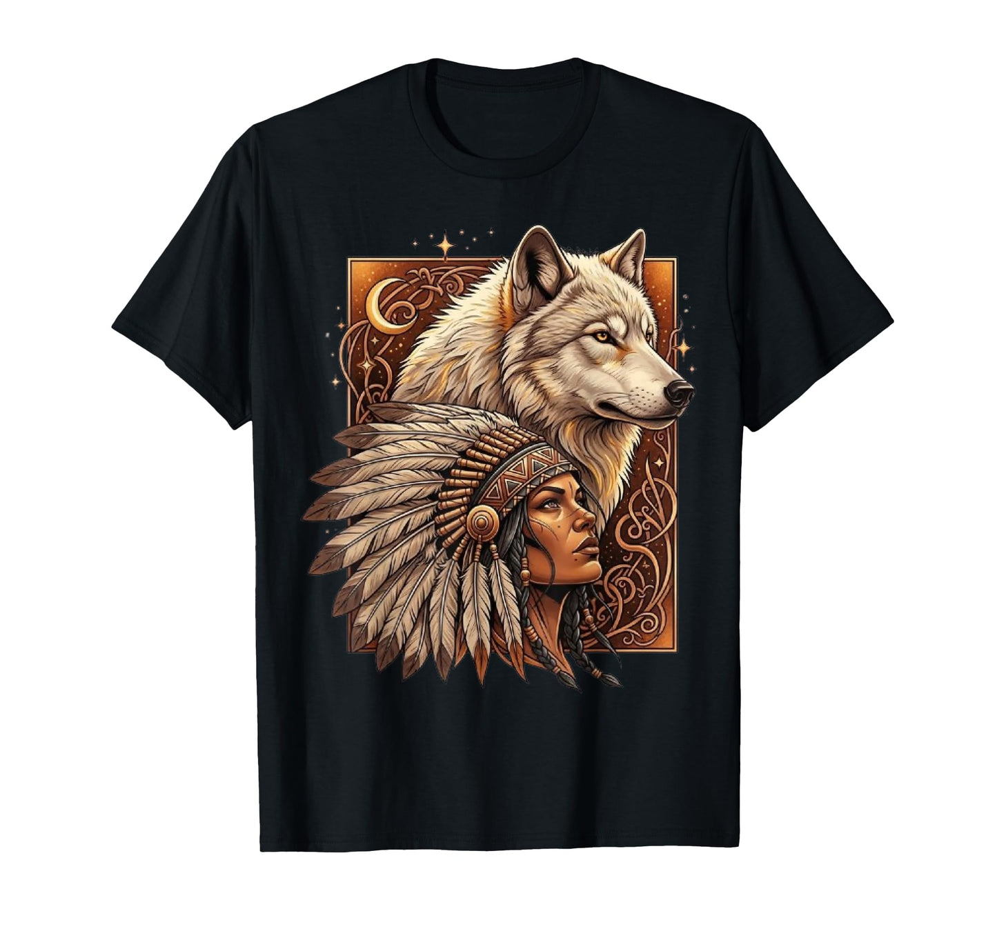 Indian Native American Woman with White Wolf Vitage Gifts T-Shirt