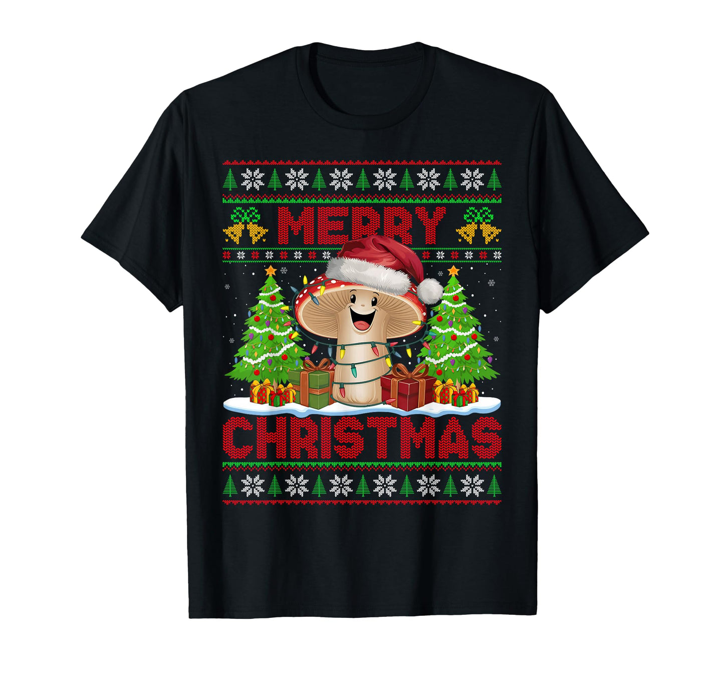 Funny Mushroom Ugly Christmas Sweaters Santa Hat Lights Xmas T-Shirt