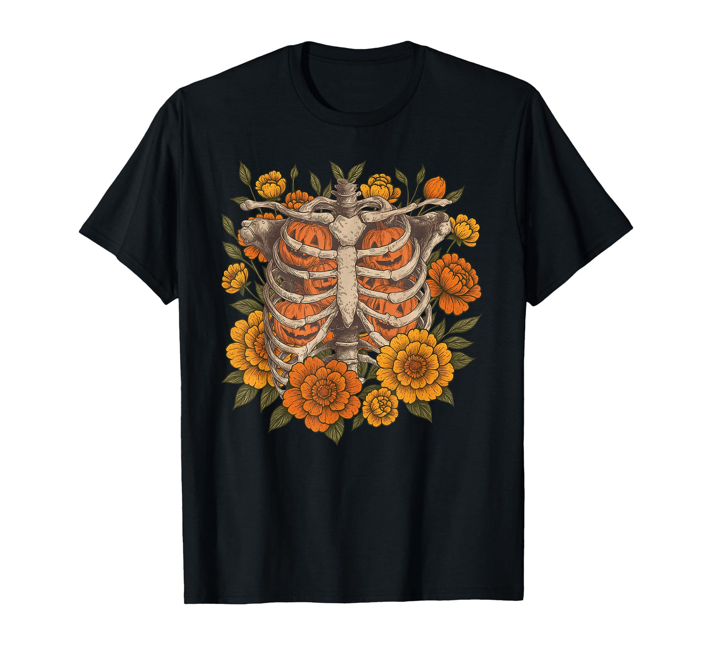 Retro Halloween Ribcage Pumpkins Skeleton Spooky Season T-Shirt