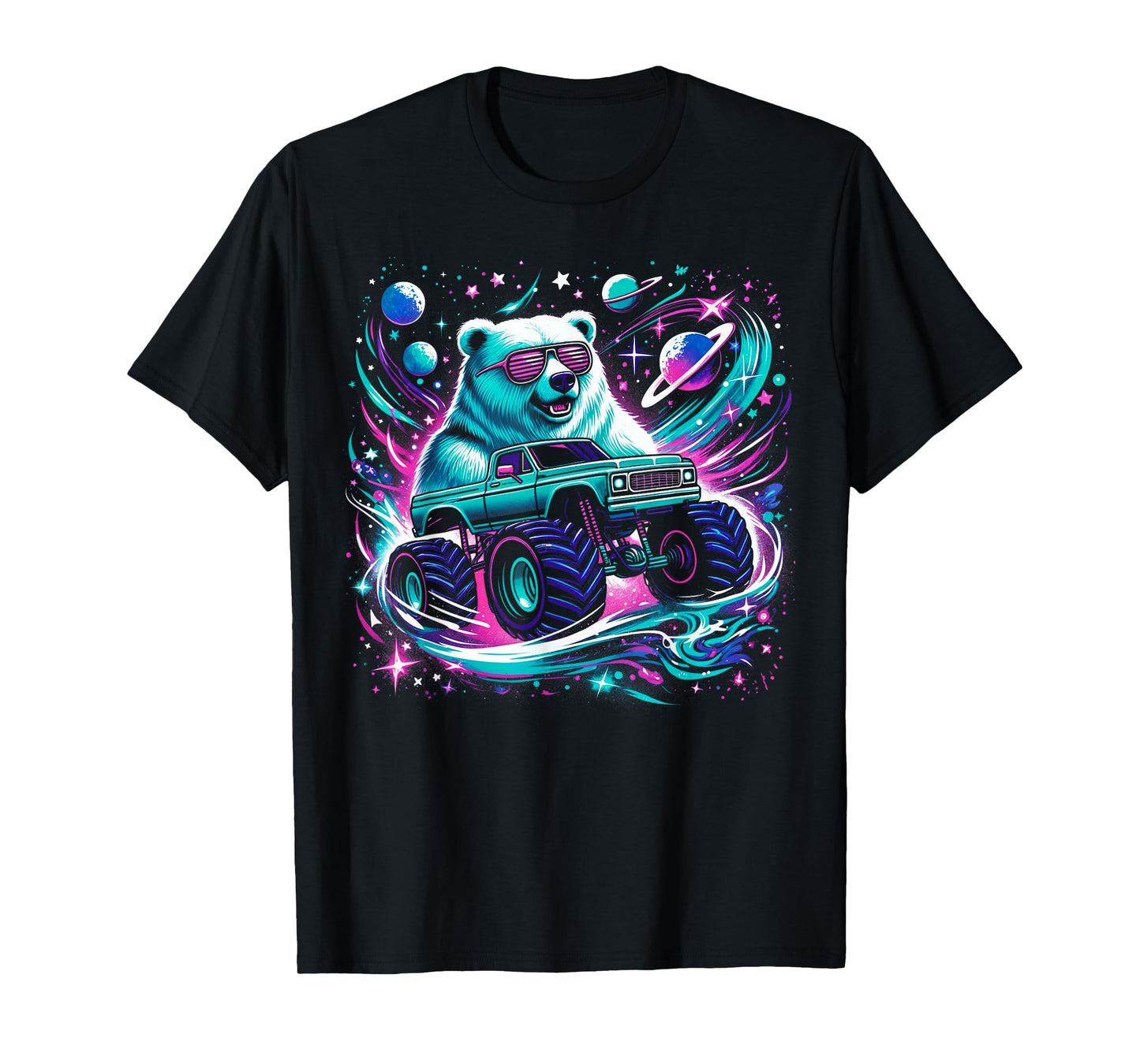 Cool Bear Driving Monster Truck in Cosmic Space T-Shirt