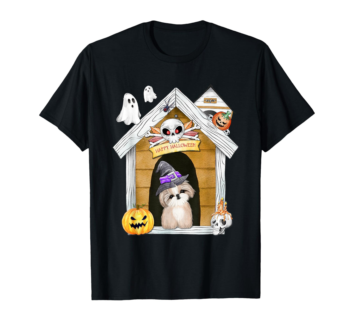 Halloween Shih Tzu Dog Witch Haunted House T-Shirt for Men Women Kids