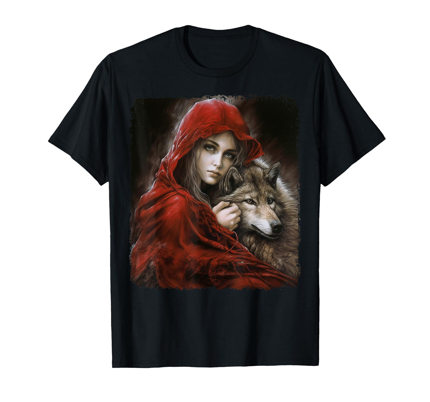 Woman with Hood in red and Gray Wolf Fantasy Art Painting T-Shirt
