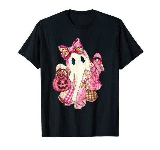 in October We Wear Pink Cute Ghost Halloween Breast Cancer T-Shirt