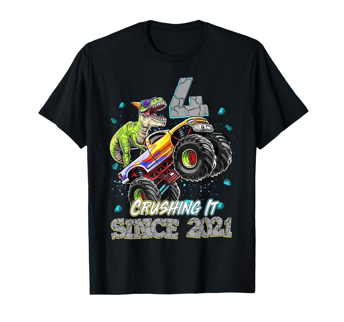 4th Birthday Since 2021 Monster Truck Dinosaur Birthday Boy T-Shirt