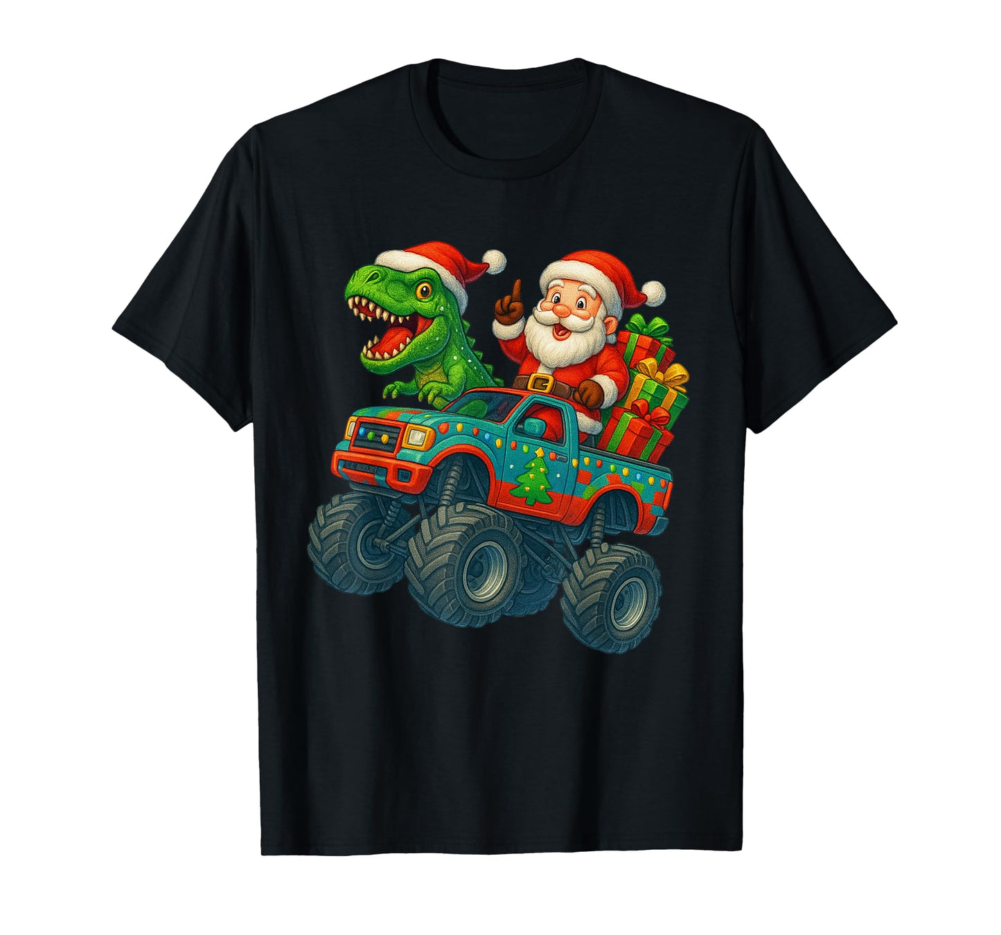 Christmas Monster Truck Santa Trex Dinosaur Dino Boys Kids T-Shirt