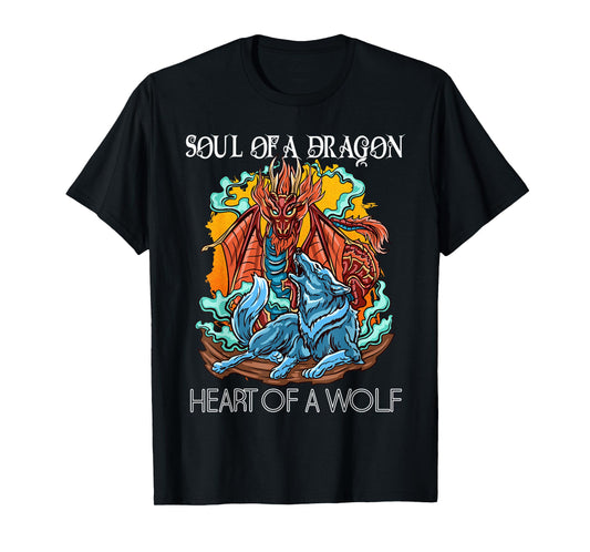 Heart of a Wolf Soul of a Dragon Goth Dragon and Wolf T-Shirt