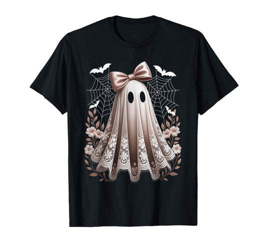 Vintage Halloween Floral Lace Ghost Coquette Bow Spooky Boo T-Shirt