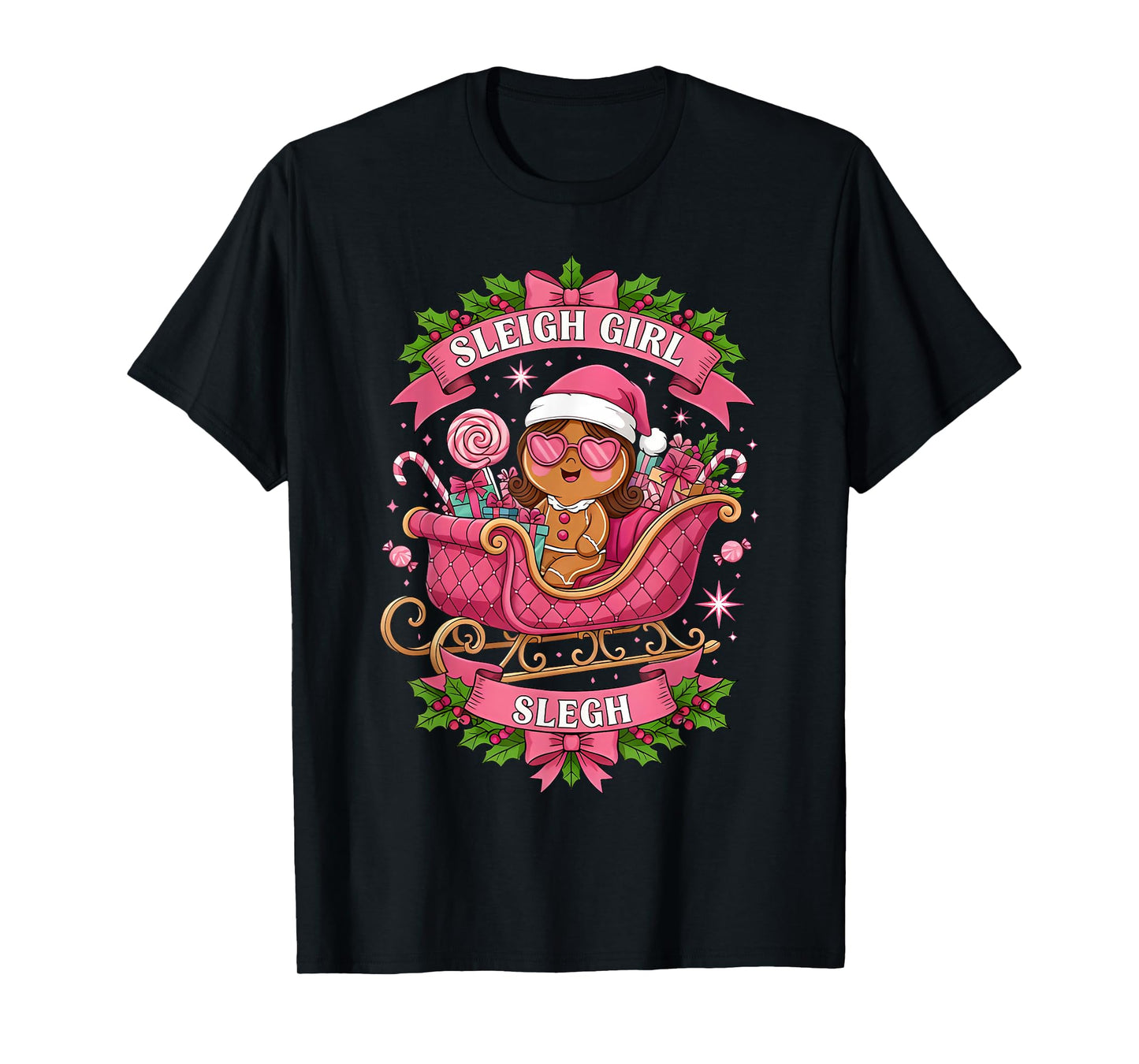 Groovy Pink Christmas Candy Sleigh Girl Gingerbread Holiday T-Shirt