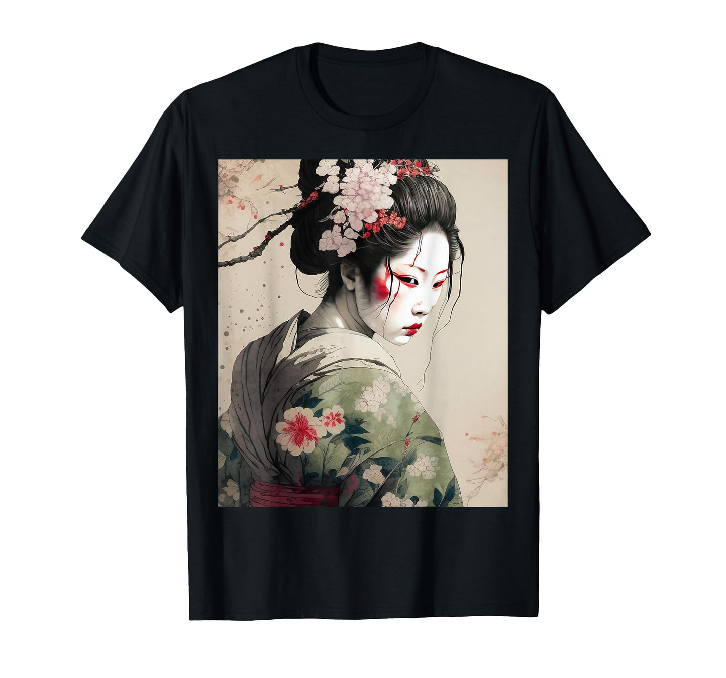 Beautiful Japanese Dark Geisha Sakura Blossoms Kimono T-Shirt