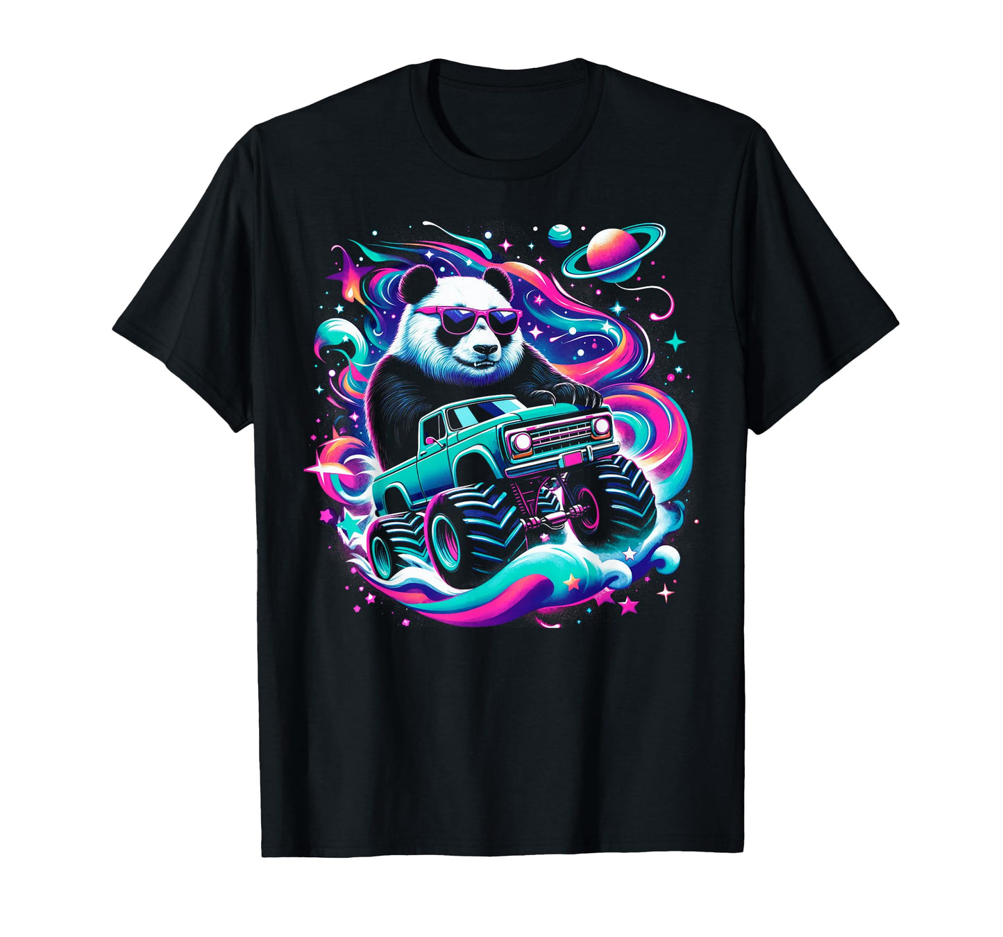Cool Giant Panda Driving Monster Truck in Cosmic Space T-Shirt
