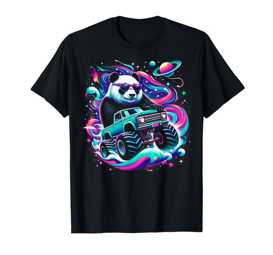 Cool Giant Panda Driving Monster Truck in Cosmic Space T-Shirt