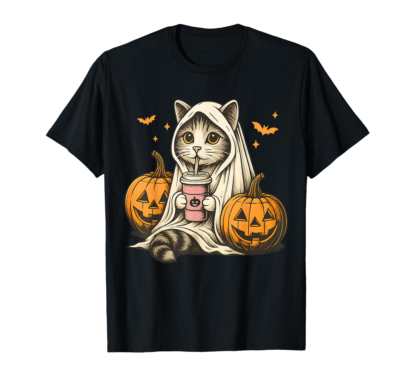 Cute Ghost Pumpkin Halloween Cat Costume Cat Lovers T-Shirt