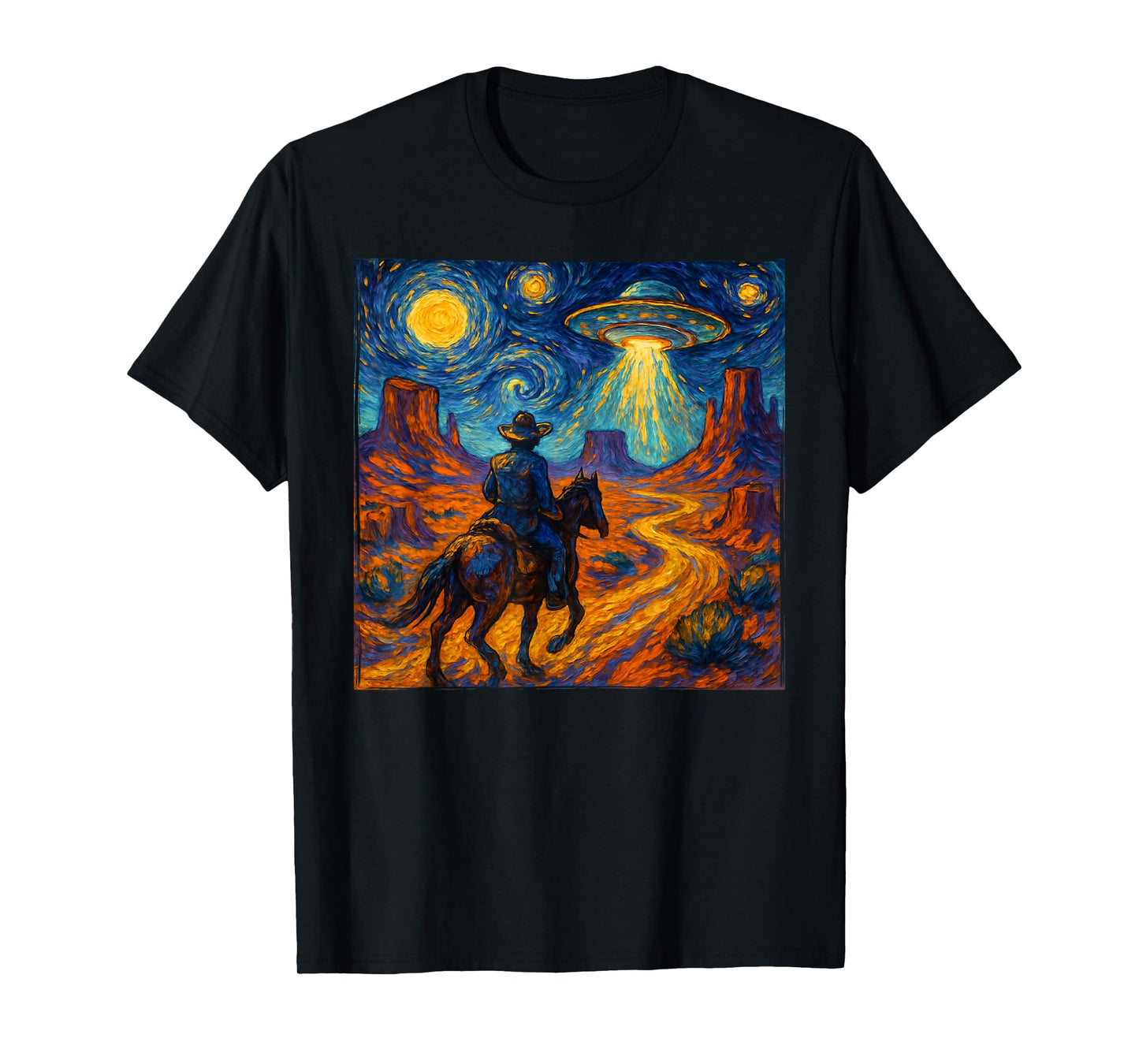Surreal Space Cowboy UFO Alien Western Trippy Cosmic Art T-Shirt