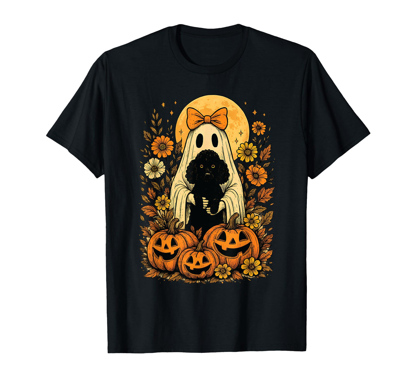 Vintage Halloween Ghost Holding Poodle Dog T-Shirt
