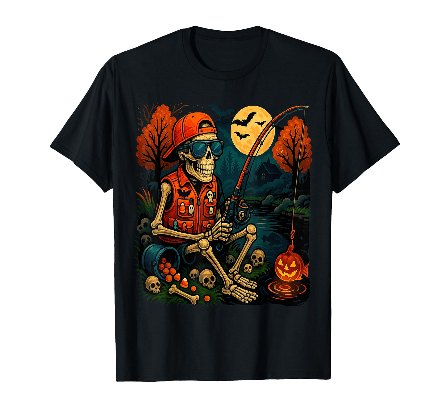 Skeleton Fishing Halloween Costume Funny Fish Men Boys Kids T-Shirt