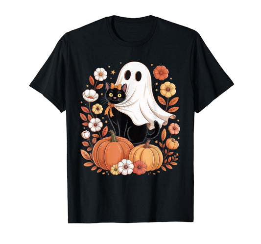Vintage Black Cat and Ghost with Pumpkins Flowers Halloween T-Shirt