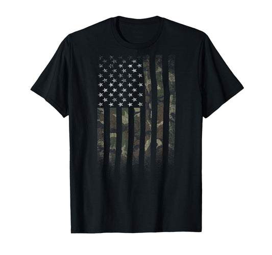 Camo American Flag Distressed (on Back) T-Shirt