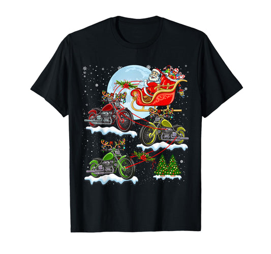 Santa Riding Sleigh Reindeer Motorcycles Xmas Tree Biker T-Shirt