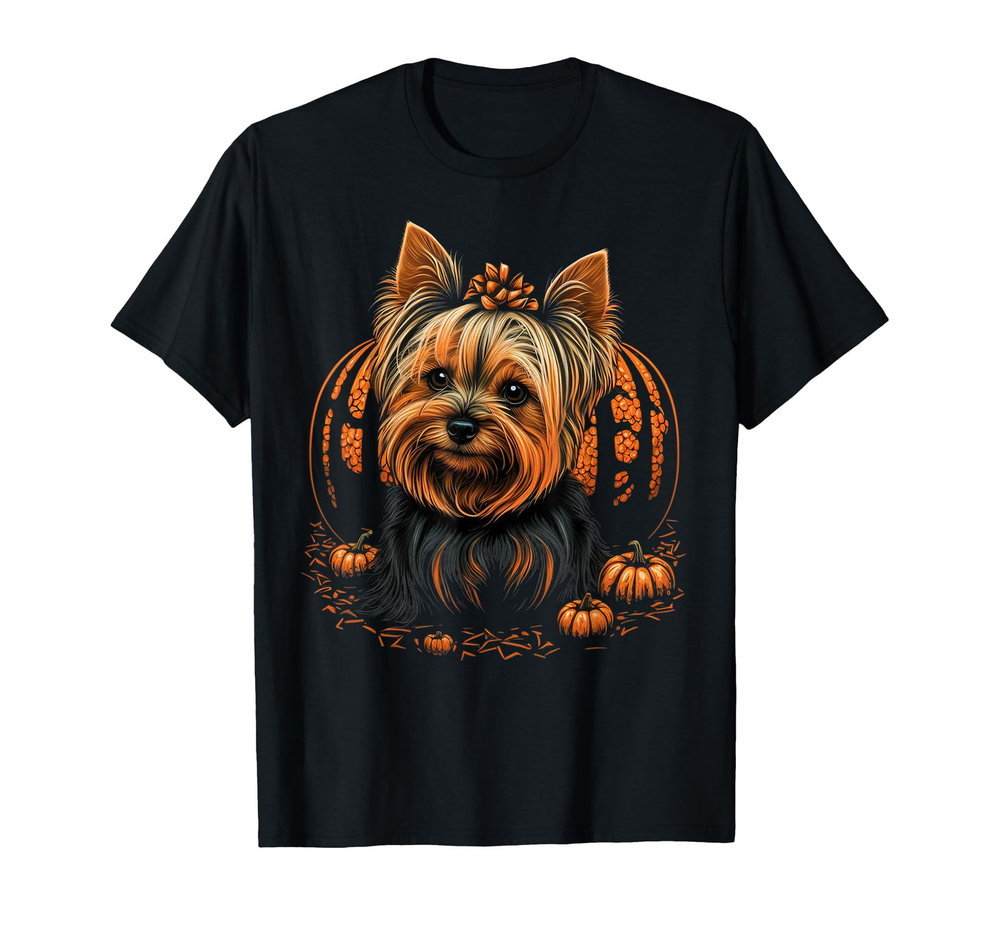 Pumpkin Yorkie Costume on Yorkshire Terrier Halloween T-Shirt