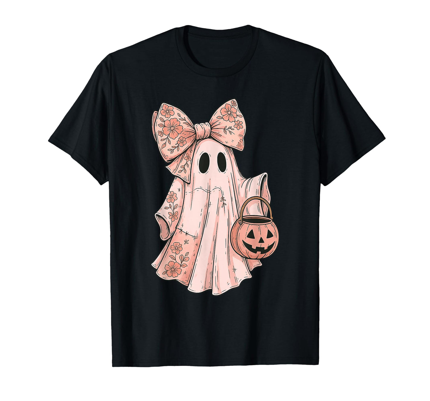 Girly Halloween Pink Denim Floral Pumpkin Preppy Ghost Bow T-Shirt