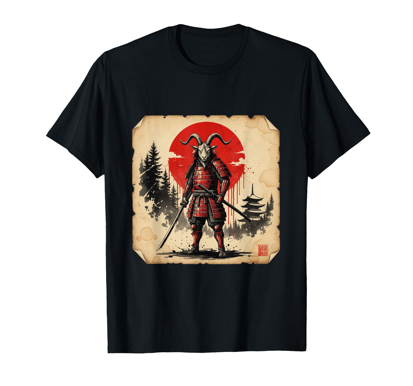 Epic Samurai Goat Japanese Warrior Dark Ink Art T-Shirt