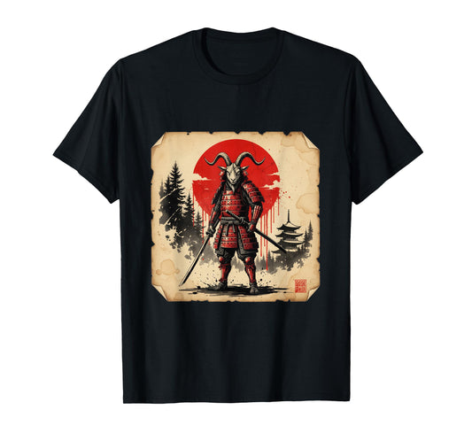 Epic Samurai Goat Japanese Warrior Dark Ink Art T-Shirt
