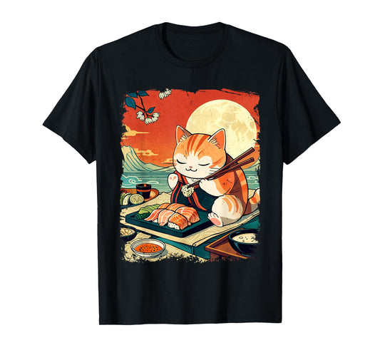 Ukiyo-e Art Japanese Funny Cat Eating Sushi T-Shirt