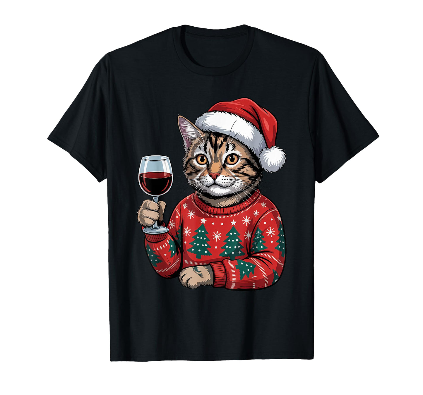 Christmas Santa Cat Drinking Wine Pajama Ugly Xmas Sweater T-Shirt