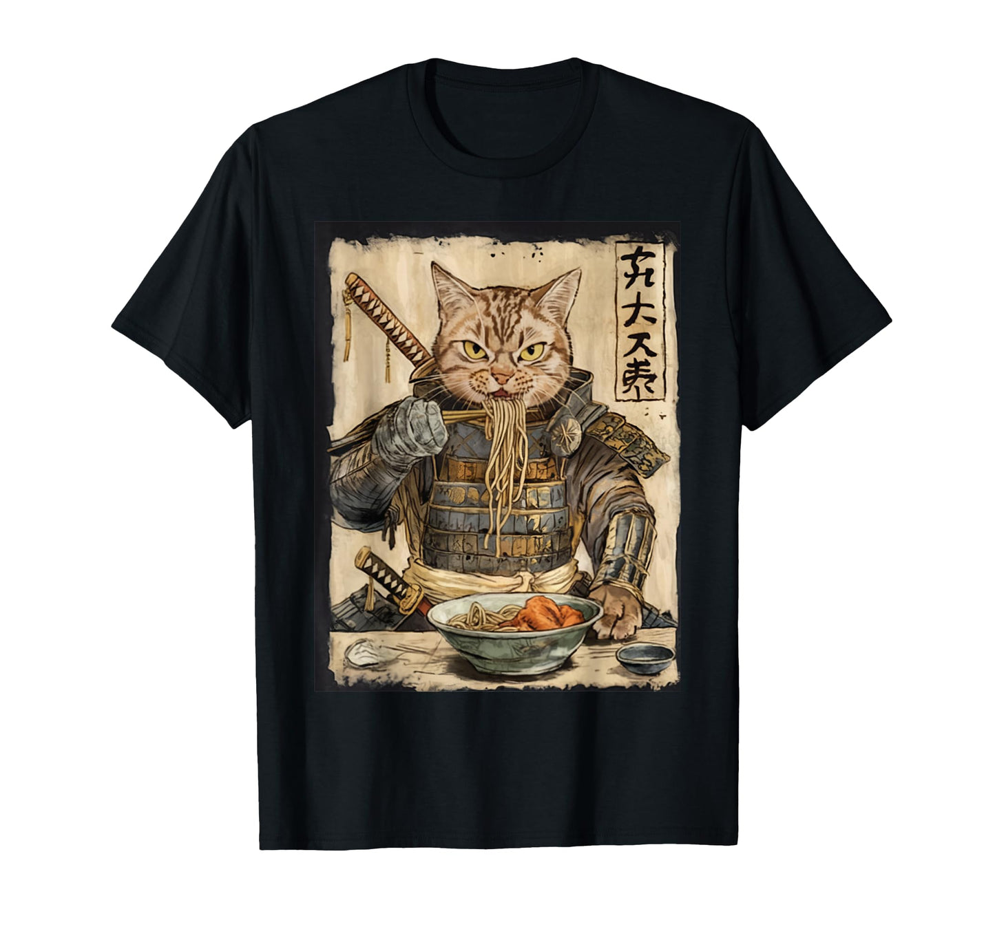 Samurai Cat Loves Ramen Funny Anime Japanese Artwork Samurai T-Shirt