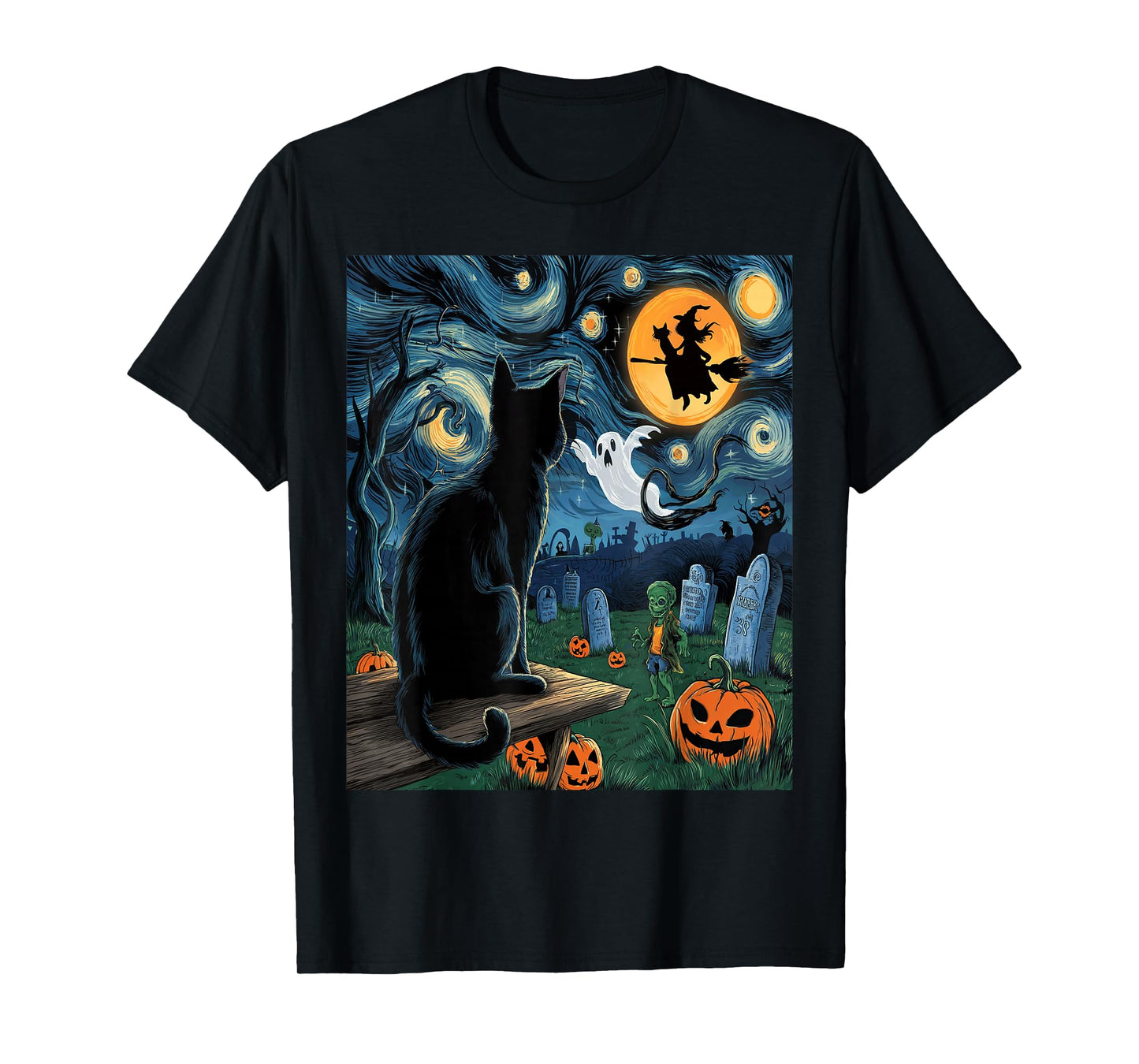 Halloween Van Gogh Starry Night Black Cat Pumpkins Witch T-Shirt