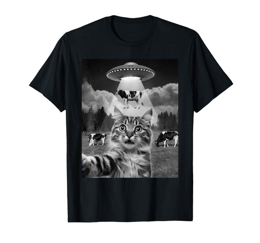 Cat Selfie Flying Alien UFO Cow Lover Men Women Kids T-Shirt