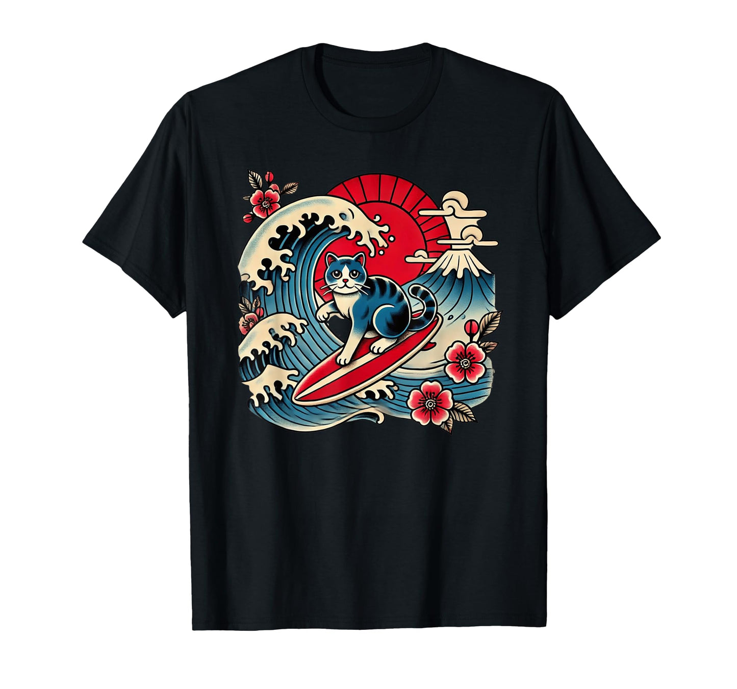 Pet Lover Mt. Fuji Sunset Japanese Wave Art Surfing Cat T-Shirt