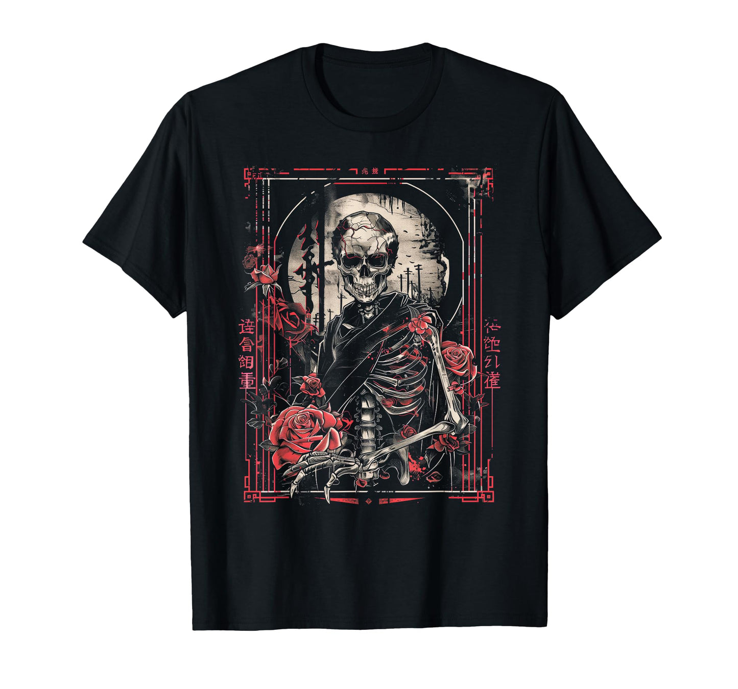 Anime Japanese Goth Cyberpunk City Skeleton Roses Gothic T-Shirt