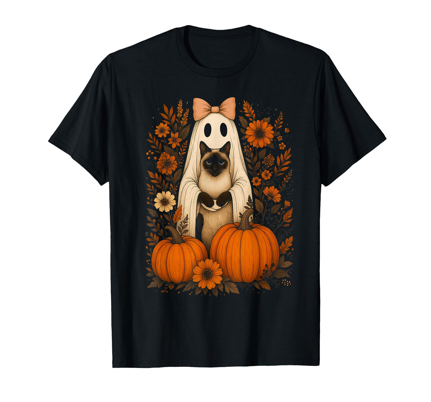 Vintage Halloween Ghost Holding Siamese Cat T-Shirt