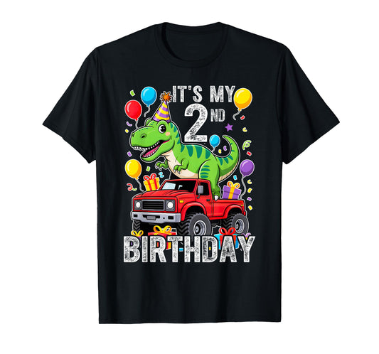 Two 2nd Birthday Dinosaur Monster Truck T-Shirt