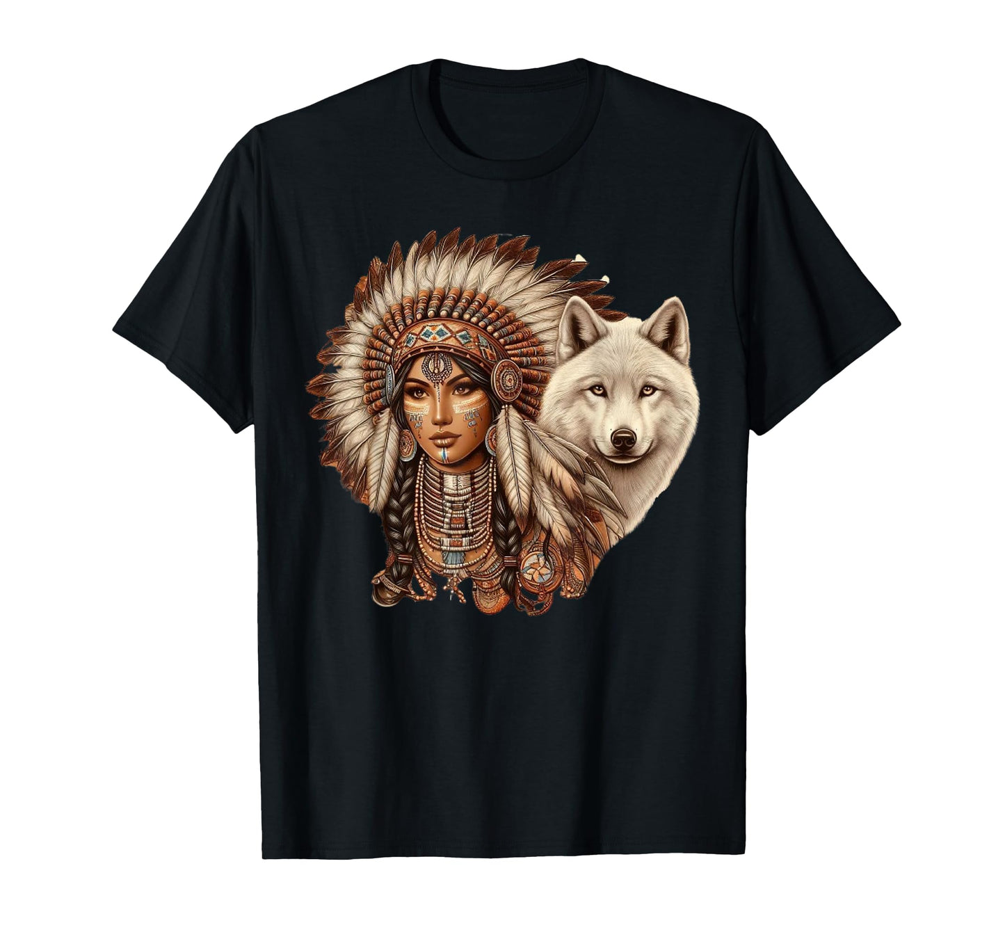 Indian Native American Woman with White Wolf Vintage T-Shirt