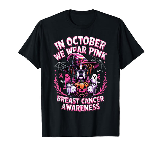 In October We Wear Pink Ghost Boxer Dog Breast Cancer T-Shirt for Men Women Girls Kids